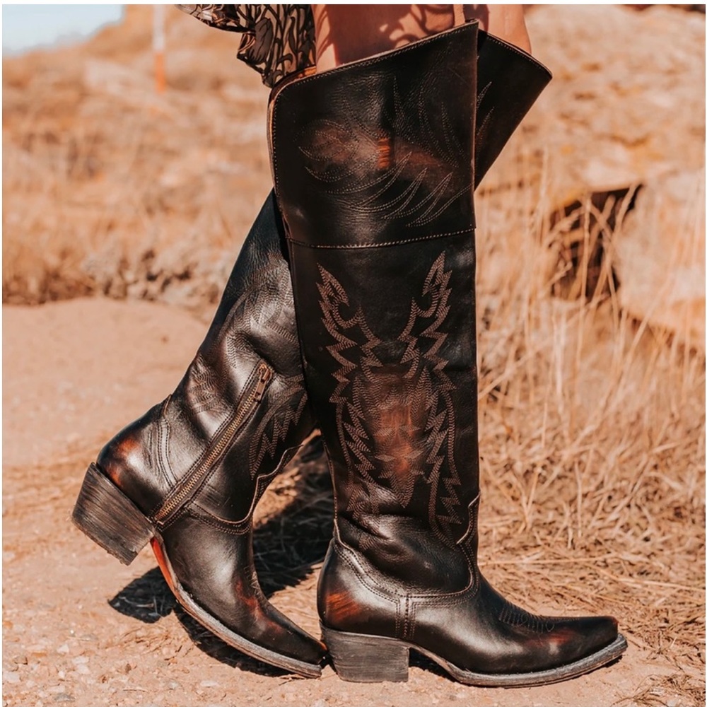 FREEBIRD Black Distressed Wynonna Knee High Western Cowgirl Boots size 8 (New)